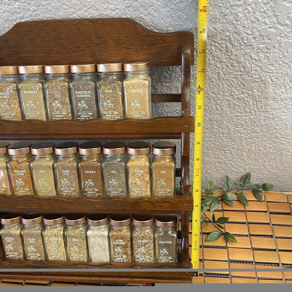 Vintage Crystal Food Products Wooden Spice Rack 3 Tier 23 Glass Cooper Tone Lids - Picture 9 of 9